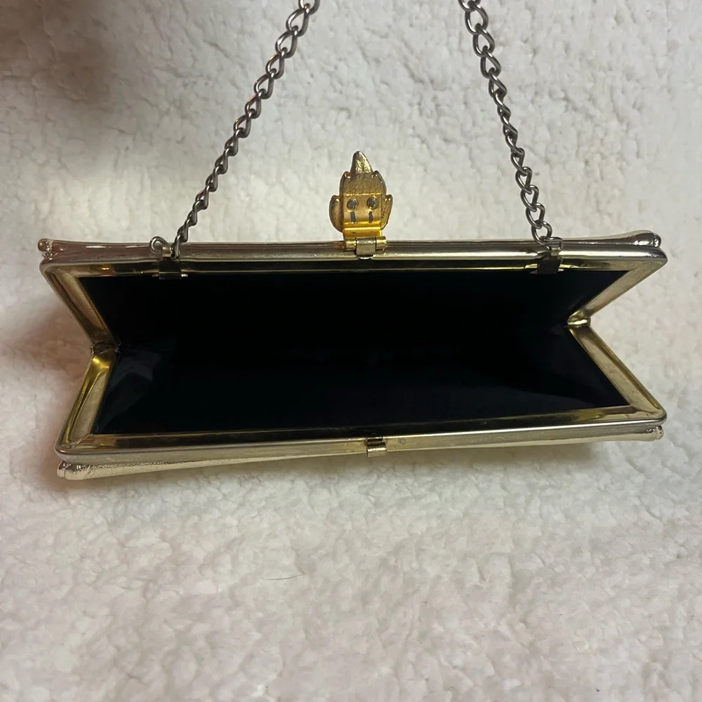 Vintage Convertible Gold Clutch Purse Rhinestone Leaf Closure Chain Handle‎
